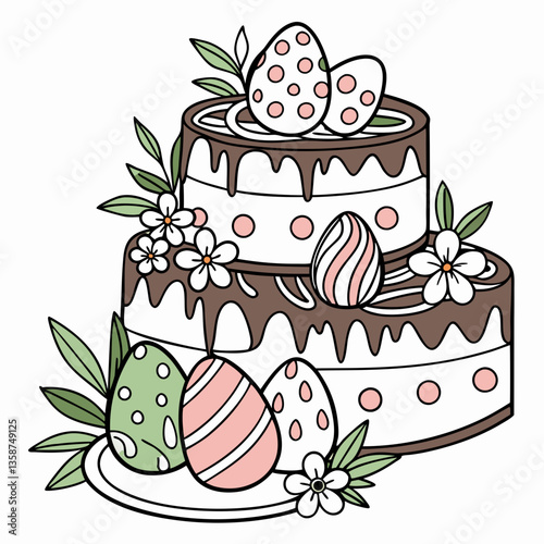 Easter cake illustration with decorated eggs and flowers on white background
