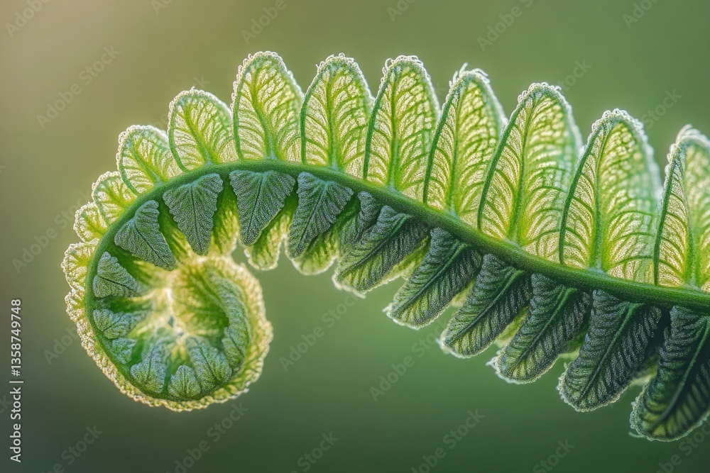 Naklejka premium A macro shot of a fern leaf unfurling, with the soft texture of the leafa??s tiny hairs visible under warm natural light. Each curl of the frond showcases its intricate design and vibrant green hue.