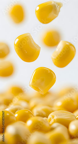 Close-Up of Fresh Yellow Corn Kernels in Motion Over White Background
