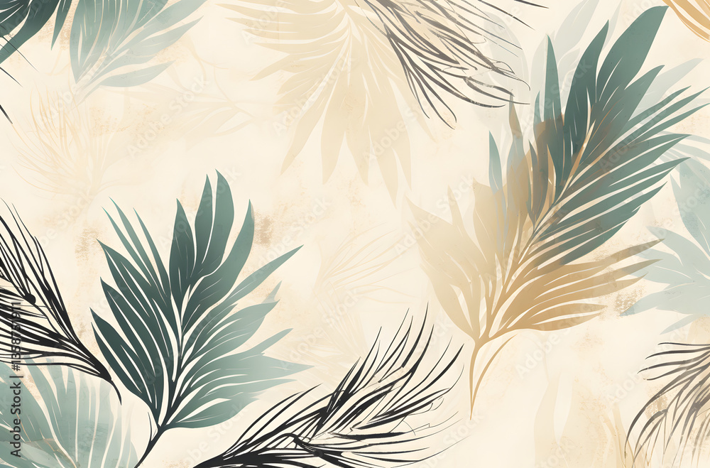 A seamless repeating pattern featuring wide leaves with a beach-inspired photographic texture. Rendered in muted boho tones, this background includes ample space for text placement
A seamless repeating pattern featuring wide leaves with a beach-inspired photographic texture. Rendered in muted boho tones, this background includes ample space for text placement