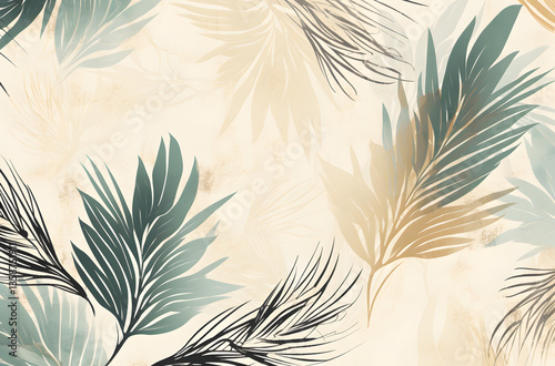 A seamless repeating pattern featuring wide leaves with a beach-inspired photographic texture. Rendered in muted boho tones, this background includes ample space for text placement
