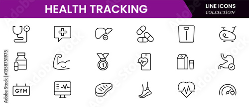 Health Tracking Icon Set. Clean and modern icons for fitness, wellness, and medical apps, perfect for tracking workouts, nutrition, vitals, and overall well-being in a user-friendly way.