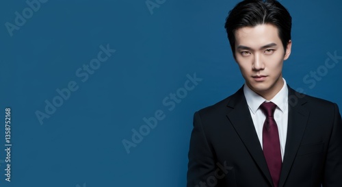 Confident businessman in suit with maroon tie on blue background