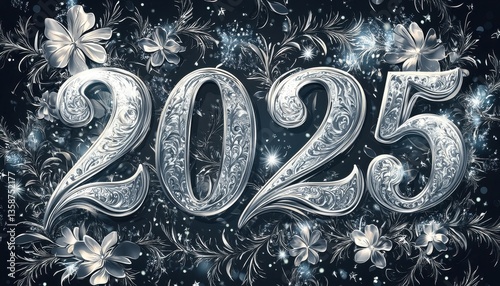 Sparkly Silver 2025 New Year Design with Floral Elements