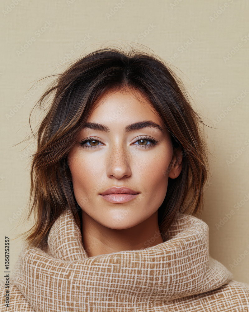 Woman with natural makeup and stylish scarf poses against a neutral background Woman with natural makeup and stylish scarf poses against a neutral background