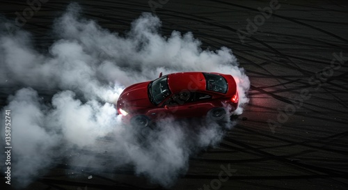 Red sports car drifting amid smoke trails at night