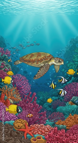 Majestic sea turtle gliding above vibrant coral reefs in crystal clear ocean waters