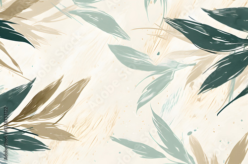 A seamless repeating pattern featuring wide leaves with a beach-inspired photographic texture. Rendered in muted boho tones, this background includes ample space for text placement
