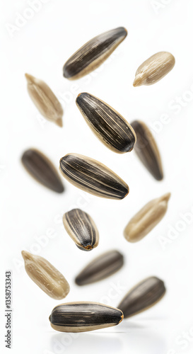 Falling Sunflower Seeds on a White Background
