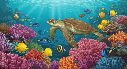 Vibrant underwater scene with sea turtle and colorful corals and fish