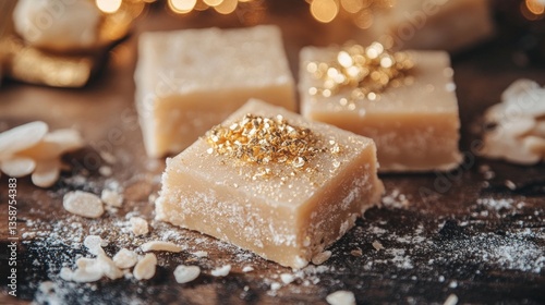 Yokan Dessert Squares with Almond Flavors and Gold Foil Decoration