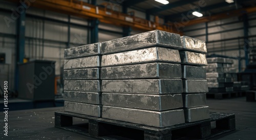 Industrial warehouse with stacks of metal ingots on wooden pallets in dim lighting