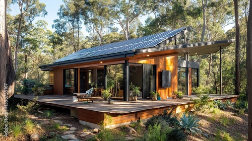 Compact sustainable house with bold architectural features solar panels on the roof surrounded by tall trees and eco-conscious landscaping. 