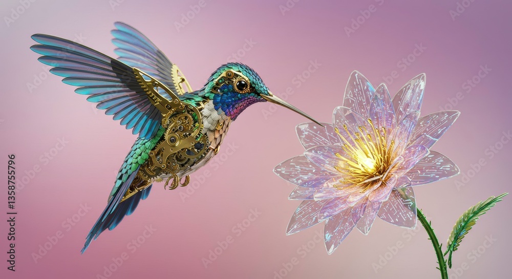 Fototapeta premium Steampunk Hummingbird in Flight Approaching a Translucent Flower