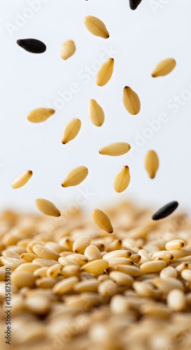 Sesame Seeds Falling on White Background
