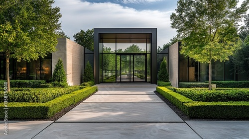 Wallpaper Mural Contemporary entrance featuring a bold steel door sharp angles manicured hedges and a concrete pathway bright daylight  Torontodigital.ca