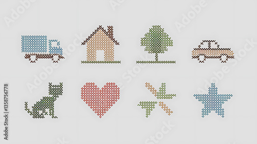 Cross-stitch icons of a truck house tree car cat heart plant and star