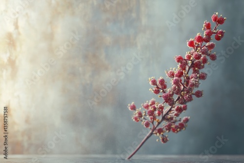 Frost-covered red berries on a branch against a muted background, winter scene.