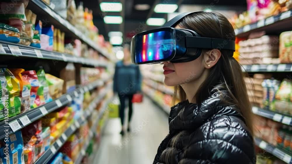Young woman exploring virtual shopping experience with VR headset in grocery store aisle filled with colorful products and shelves stocked with various items