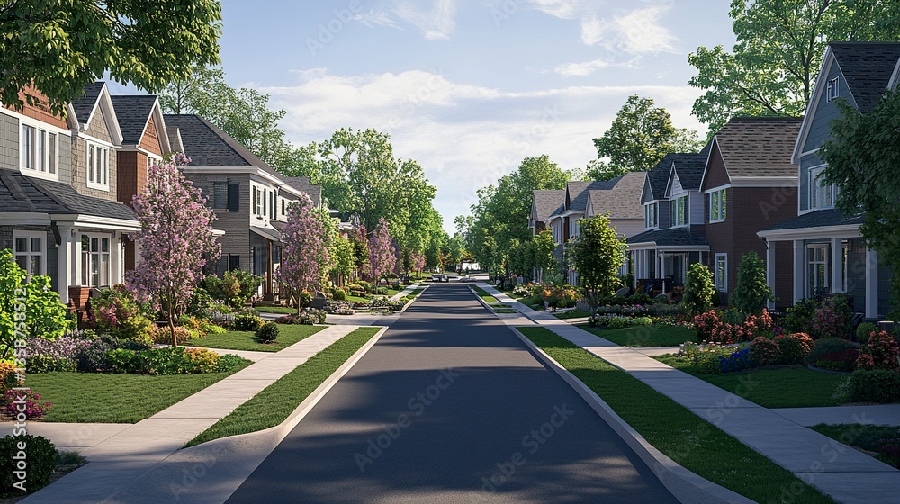 Cozy suburban neighborhood with rows of well-kept homes, clean sidewalks, and lush greenery tranquil and welcoming atmosphere. Cozy suburban neighborhood with rows of well-kept homes, clean sidewalks, and lush greenery tranquil and welcoming atmosphere.