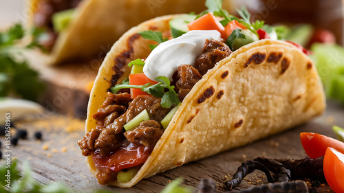 Close-up of a delicious-looking taco with seasoned meat toppings and a creamy sauce