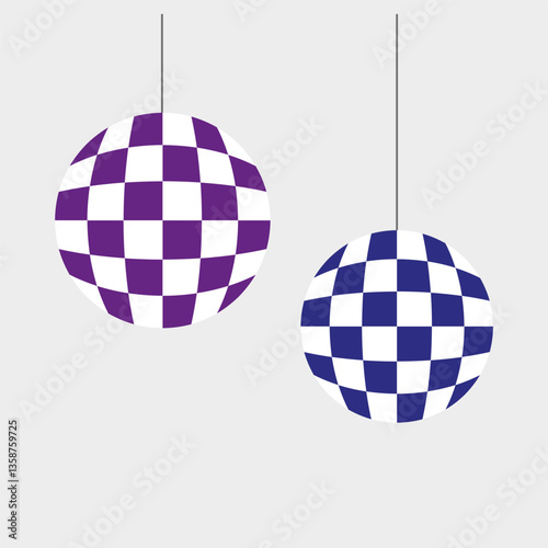 Two checkered disco balls hanging on strings, purple and blue colors, minimal retro party concept on light background