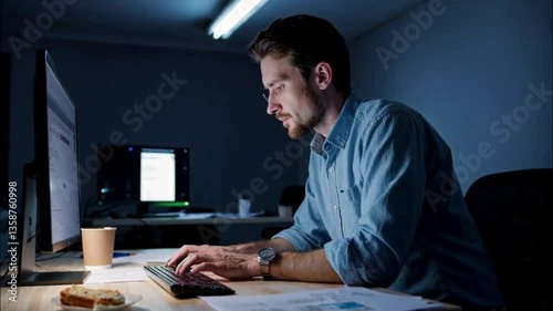 A young professional working thru the night in the office; one light source from the computer screen with surrounding is in the dark; late night working in the office alone; IT professional; hardwork