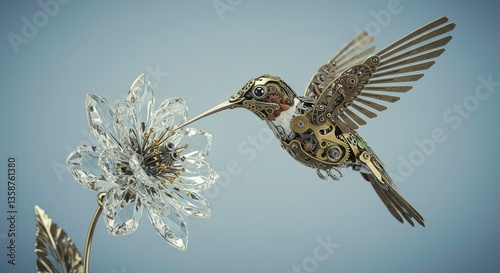 Steampunk Hummingbird in Flight Crystal Flower Mechanical Bird Art Artistic Design