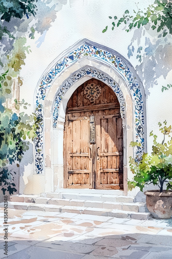 Fototapeta premium Watercolor painting of a grand mosque entrance with intricate floral motifs and a large wooden door. The soft sky frames the archway, on isolated white background