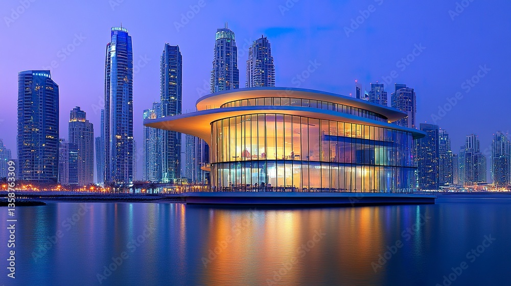 Naklejka premium Exclusive apartment building in Dubai with curved glass architecture reflecting the city lights spacious terraces and luxurious amenities.