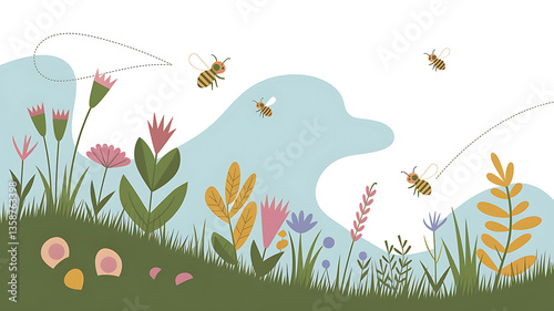 Cute bee-filled meadow scene flat design spring flowers