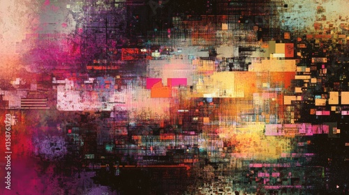 Chaotic abstract composition with scattered pixel particles, overlapping glitches and digital interference, heavily degraded vintage screen texture, flickering luminescent elements, moody atmospheric