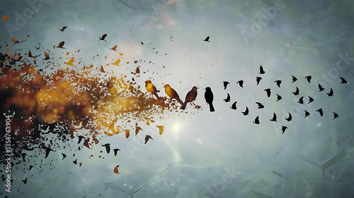 Flock of birds in flight abstract textured background