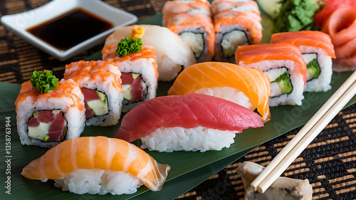 Assorted sushi rolls on a bed of green seaweed