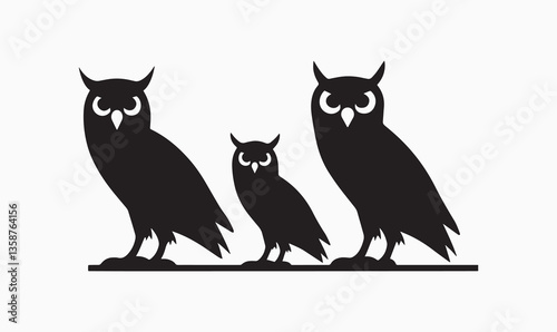 Cute cartoon owls sitting together on a tree branch