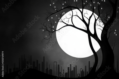 Monochrome Night Scene Two Trees Silhouetted Against a Bright Moon and City Skyline