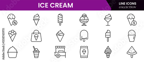 Ice cream icons frozen creamy desserts, gelato ice cream, wafer cone, caramel eskimo or chocolate glaze sundae whipped cream and fruit ice, fresh vanilla scoops