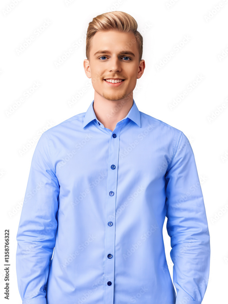 product development lead, male, Caucasian, 29 years old, with short blonde hair and a focused smile, wearing a blue button-up product development lead, male, Caucasian, 29 years old, with short blonde hair and a focused smile, wearing a blue button-up