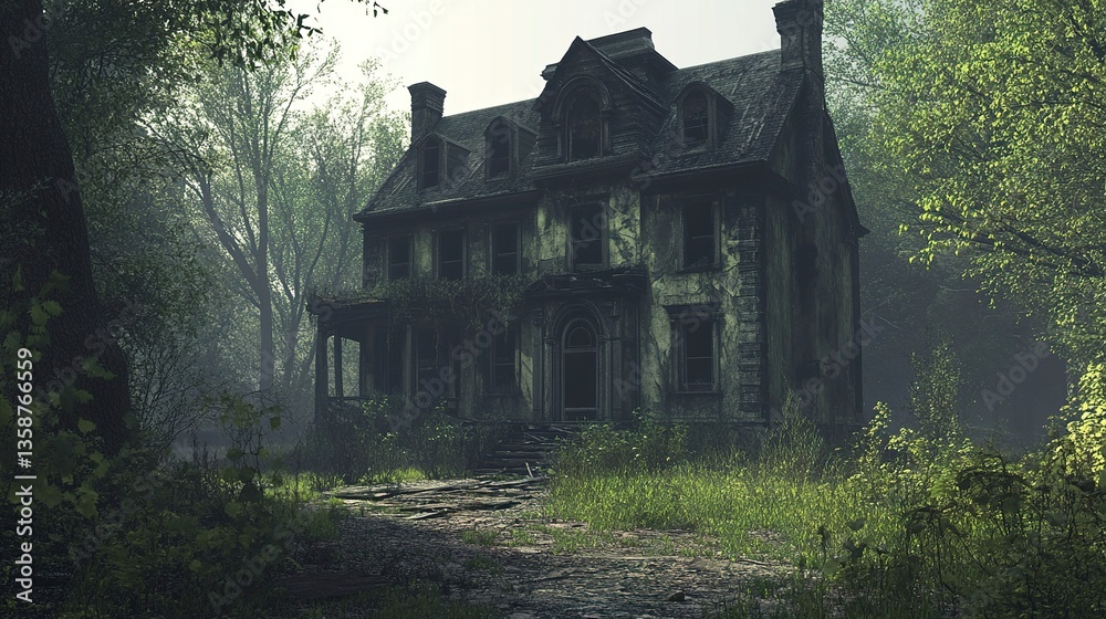 Obraz premium Haunted house, old worn-down abandoned home, creepy and spooky 