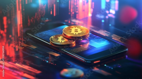 Futuristic digital finance scene, featuring a pair of smartphones exchanging golden cryptocurrency coins and glowing NFT tokens amidst a shimmering holographic backdrop, showcasing the seamless