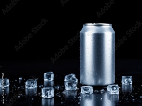 Silver Beverage Can Mockup Surrounded by Ice photo