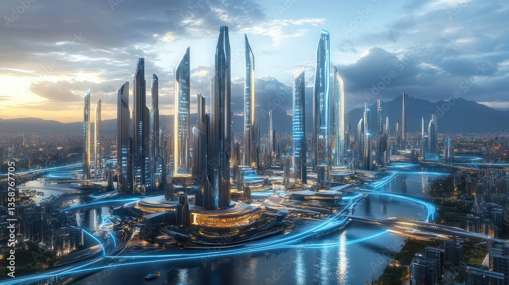 Fototapeta premium Futuristic city skyline, aerial view, modern architecture, vibrant cityscape, tranquil waterway, advanced transportation, Possible use Stock photo