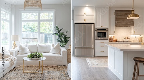 High-end white kitchen with gold accents paired with a chic living room soft area rugs, subtle greenery, and warm ambient lighting.  