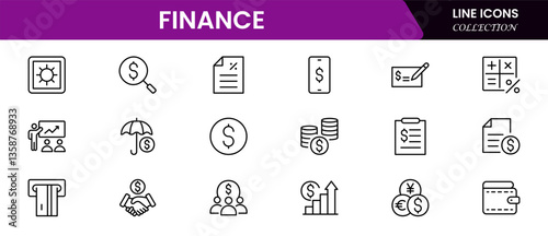 Vector business and finance line icon set with money, bank, check, law, auction, exchange, payment, wallet, deposit, piggy, calculator, web, and more isolated outline thin symbol