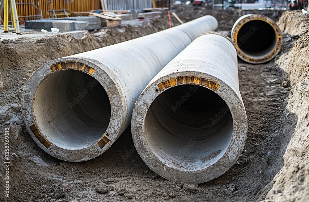 Large Gray Concrete Pipes at a Construction Site Large Gray Concrete Pipes at a Construction Site