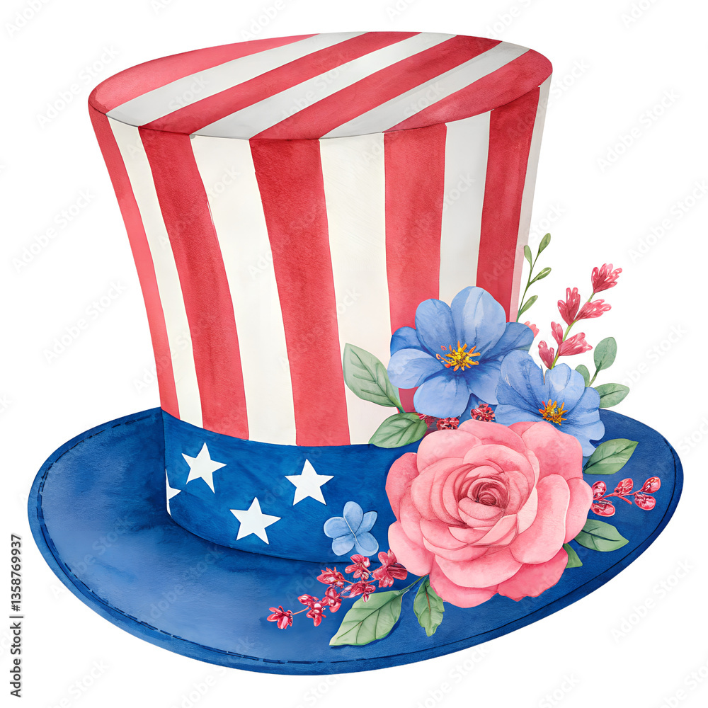 Obraz premium Whimsical American Top Hat with Flowers and Stars