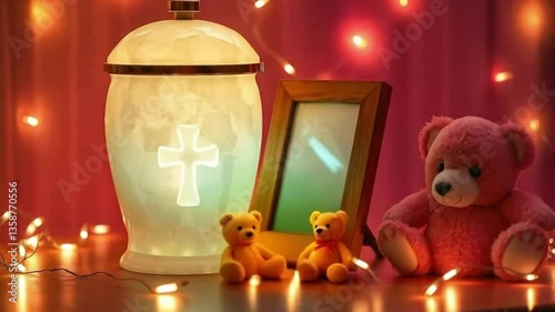 Sentimental Keepsakes: A heartwarming collection of cherished items, including a cross-adorned lamp, a framed photo, and two adorable teddy bears, are illuminated by the soft glow of string lights.