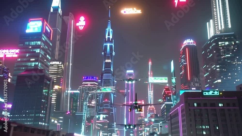 Neon Metropolis at Night: A dazzling cityscape is illuminated by vibrant neon lights at night, reflecting off the modern skyscrapers.