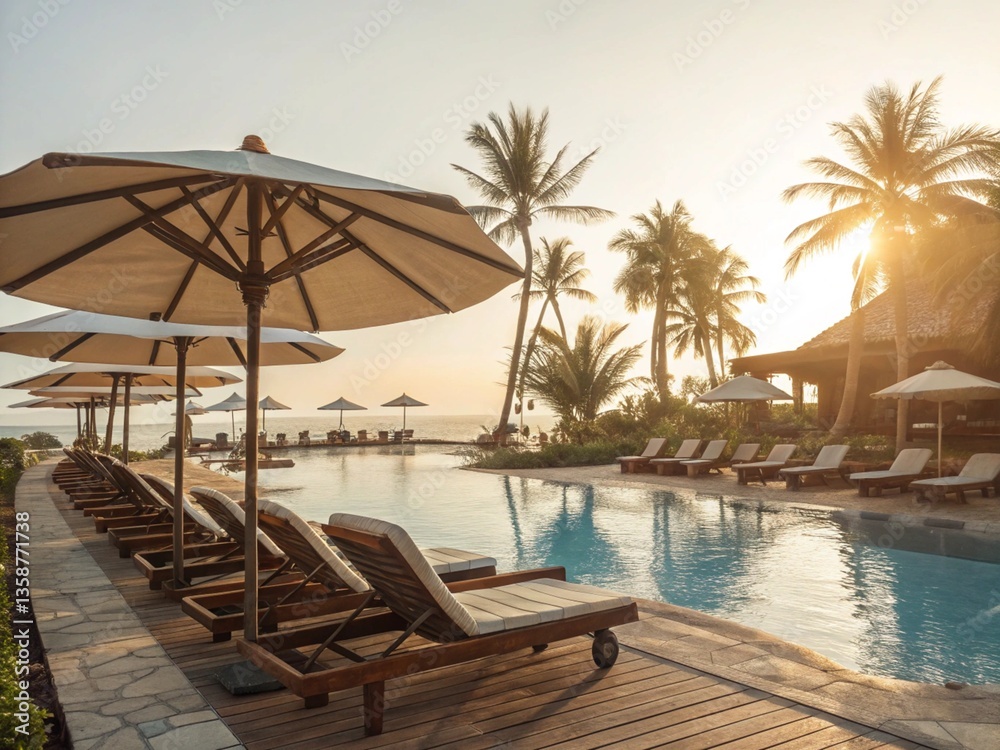Fototapeta premium Relaxing poolside at a tropical hotel resort by the beach with palm trees and clear blue water
