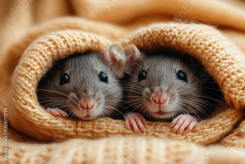Two Adorable Mice Snuggled Together in a Cozy Knit Blanket for Warmth and Comfort